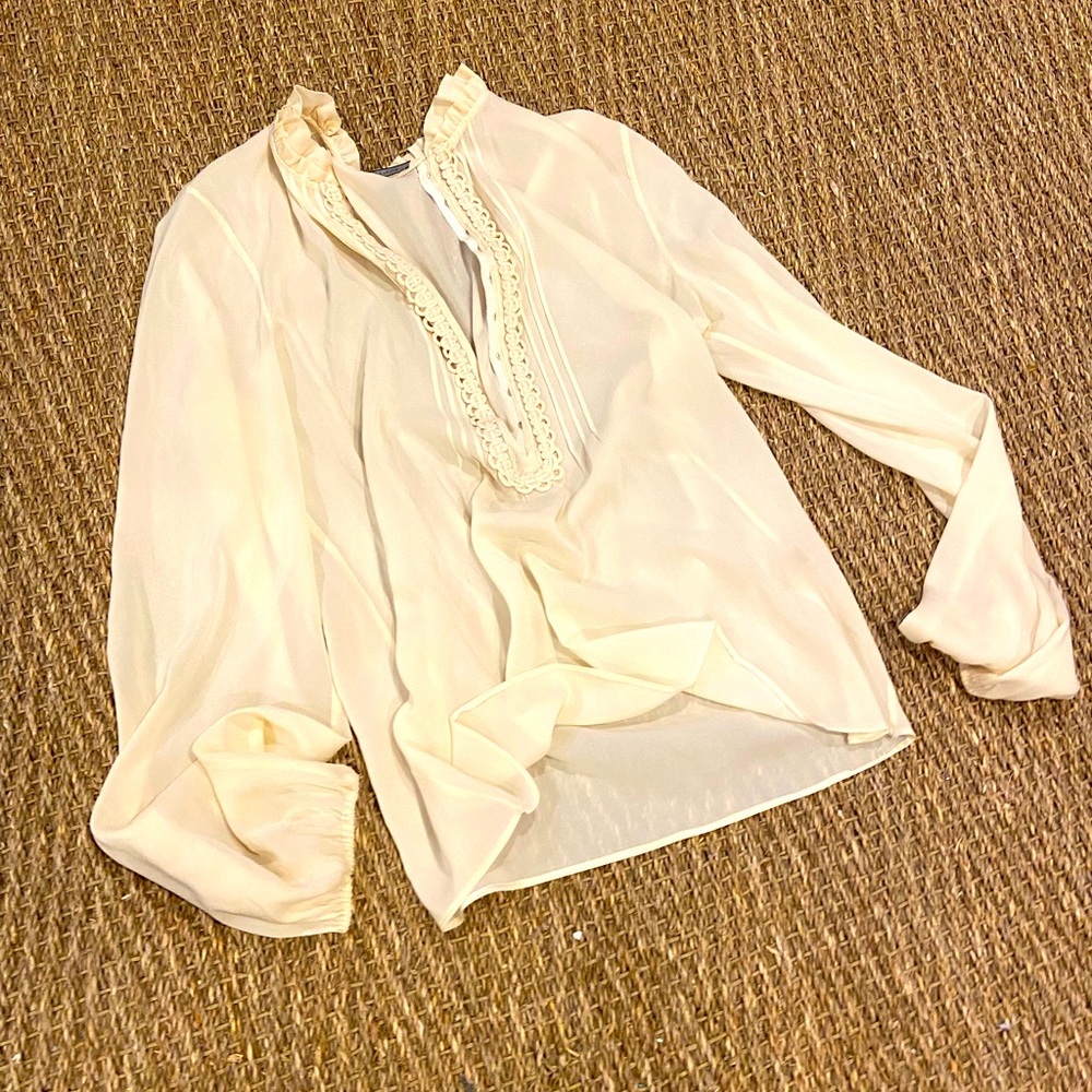 Elie Tahari Sheer Cream Button up Long Sleeve Ruffle Top